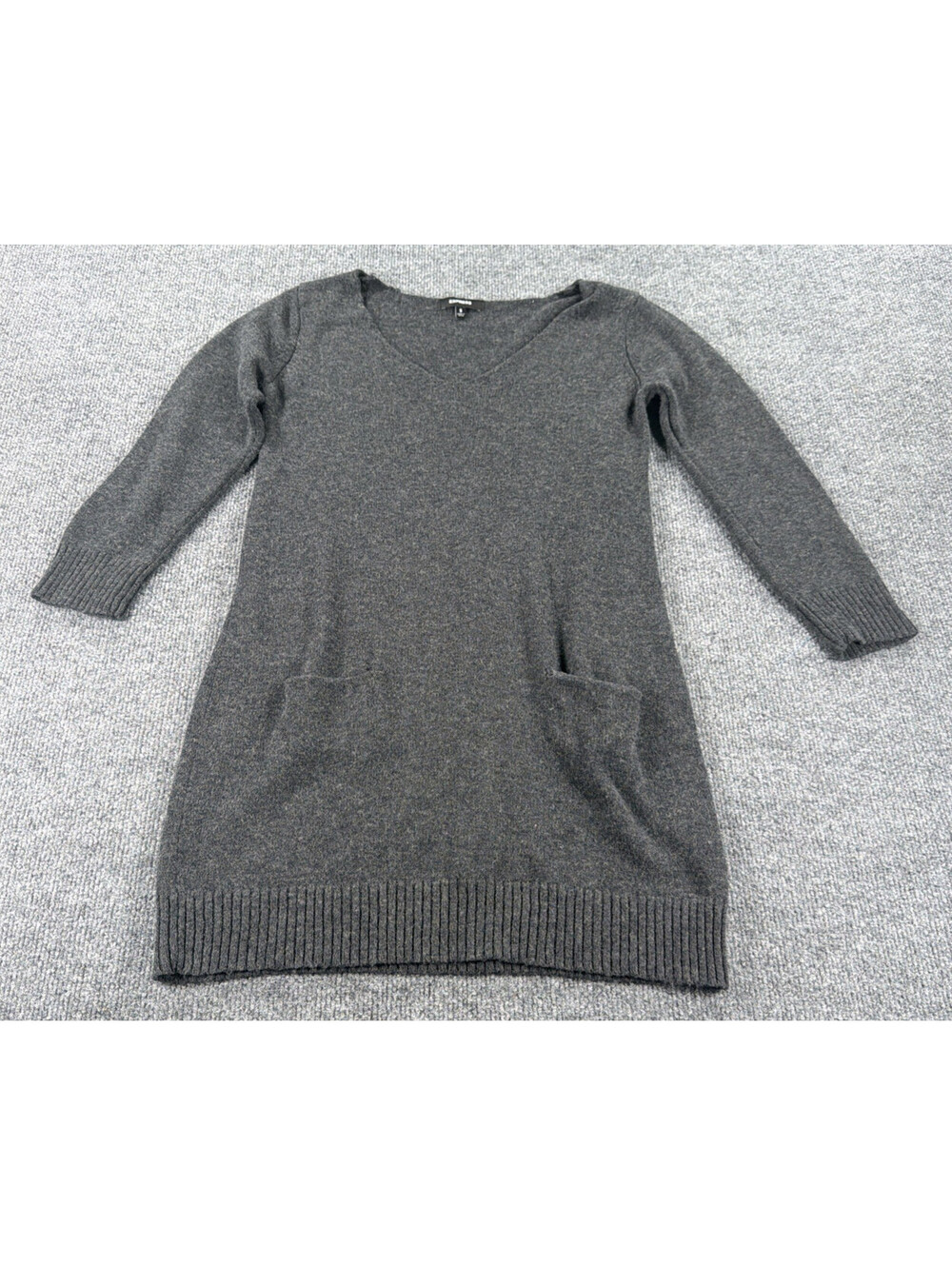 Express Wool Blend Knit Minimalist Gray V-Neck Mini Soft Sweater Dress Women's S